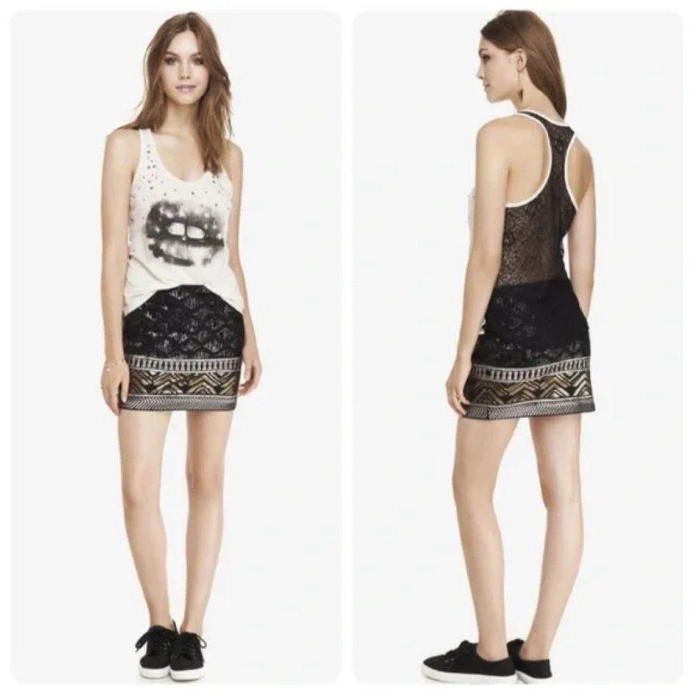 Express Med. Women's Sequin Mini Skirt Sparkle Geometric Pattern Lines Stretchy